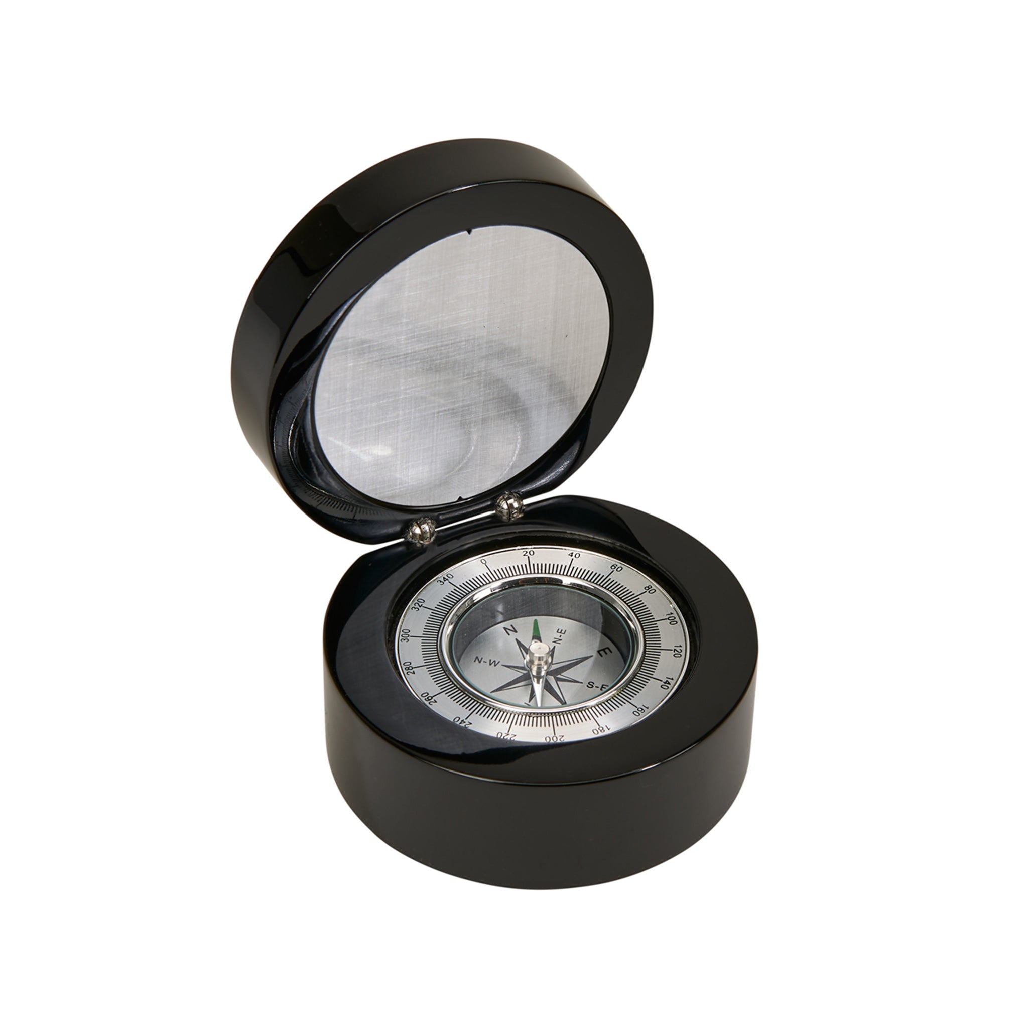 Black round wooden box featuring a silver compass and clock, elegantly designed with a piano finish.