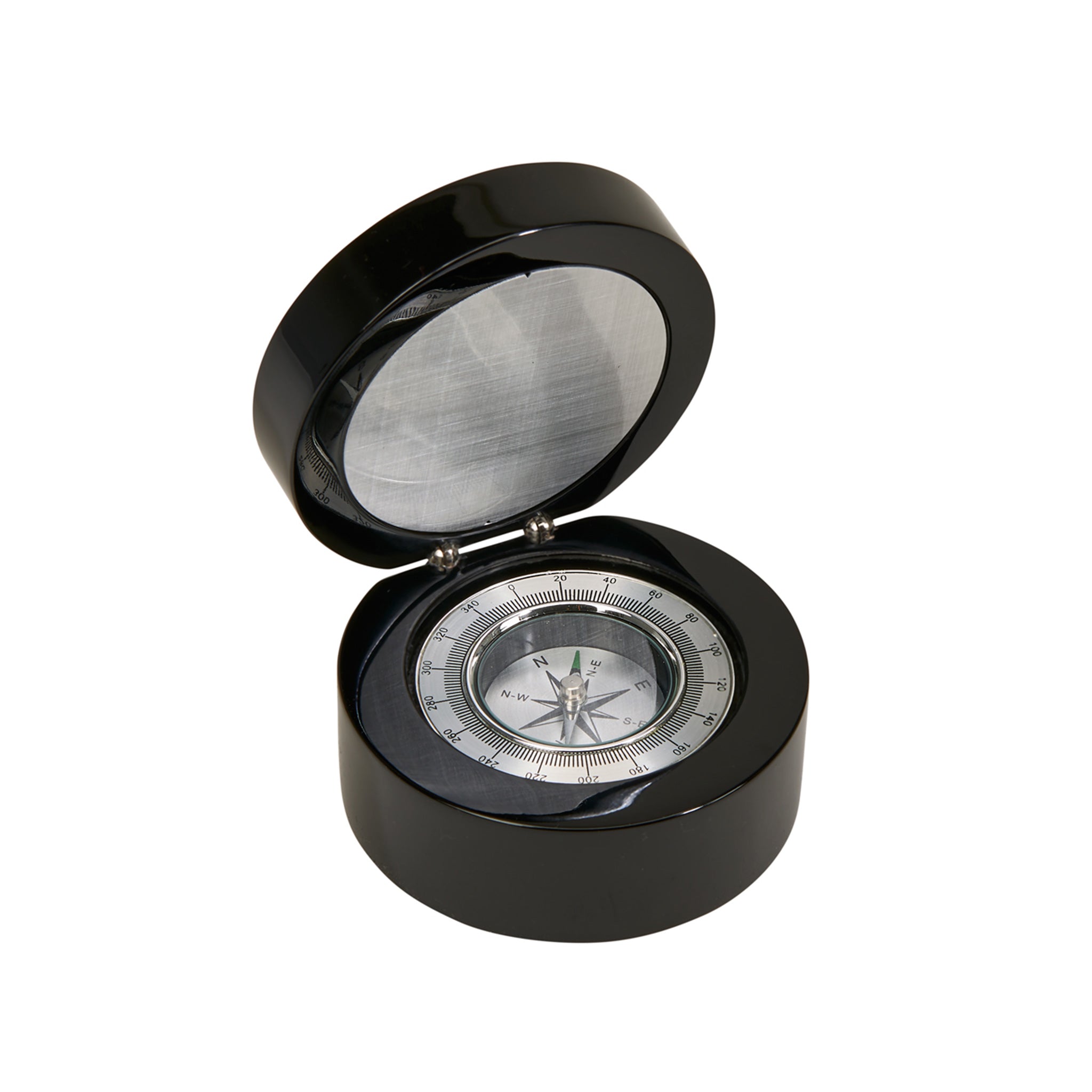 Black round wooden box featuring a silver compass and clock, elegantly designed with a piano finish.