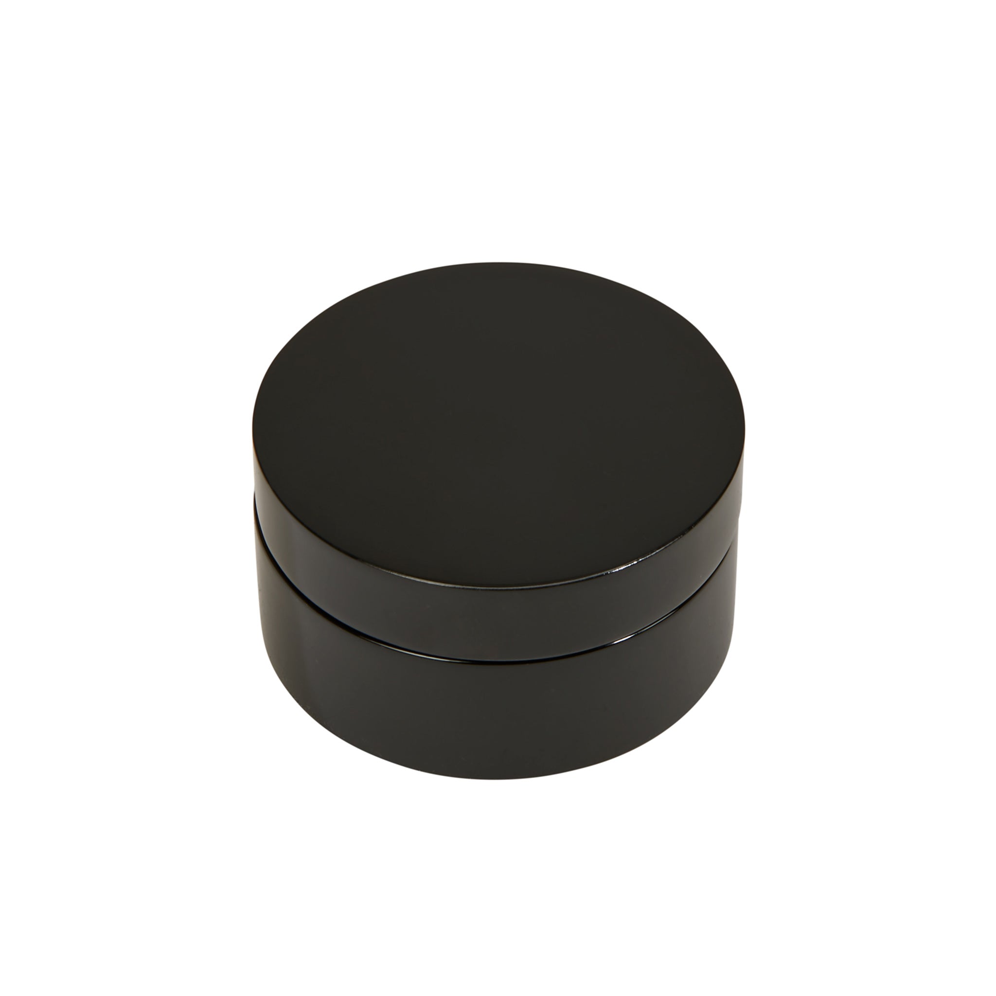 Black round wooden box featuring a silver compass and clock, elegantly designed with a piano finish.