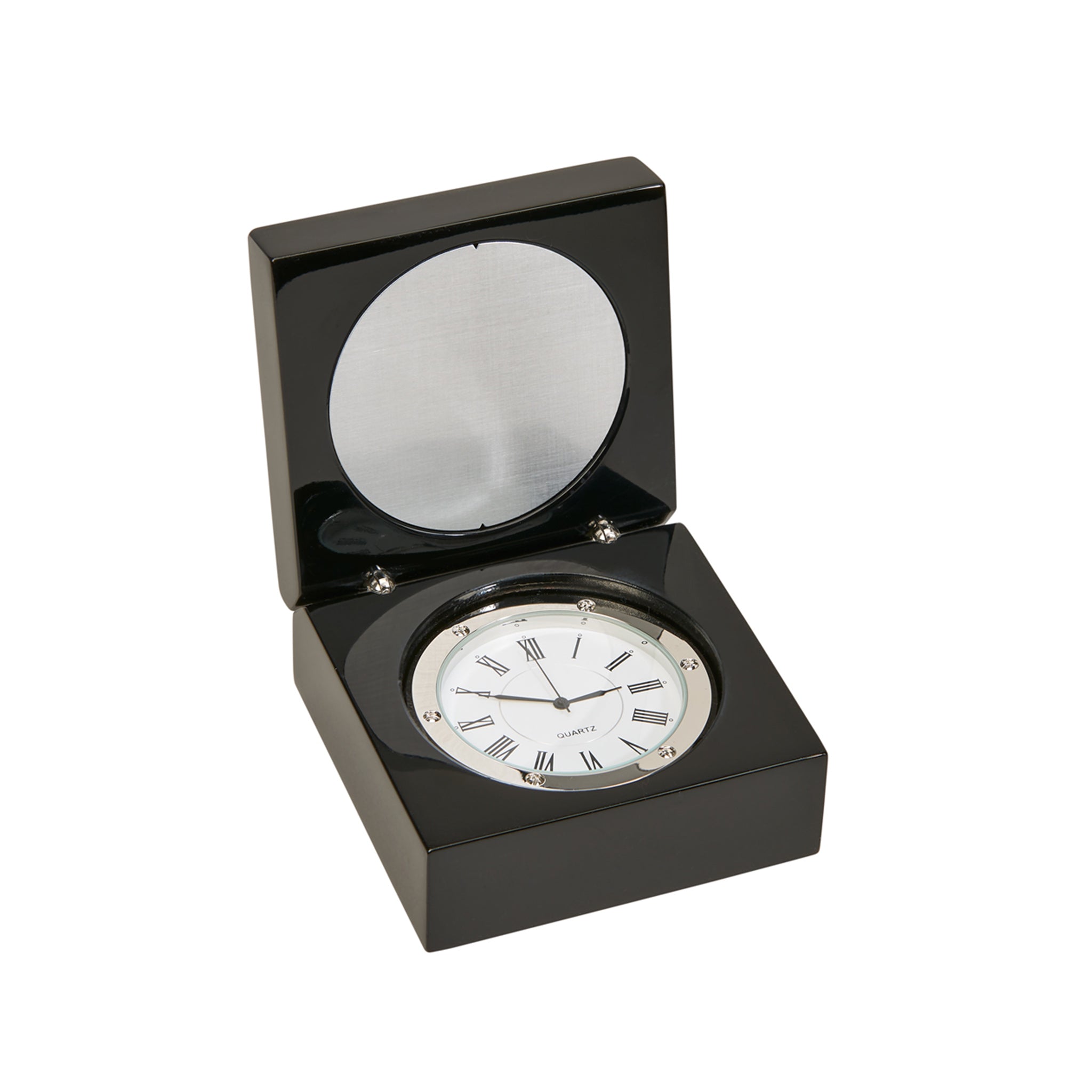 Black square wood box featuring a round clock and an engraving plate, elegantly designed with a piano finish.