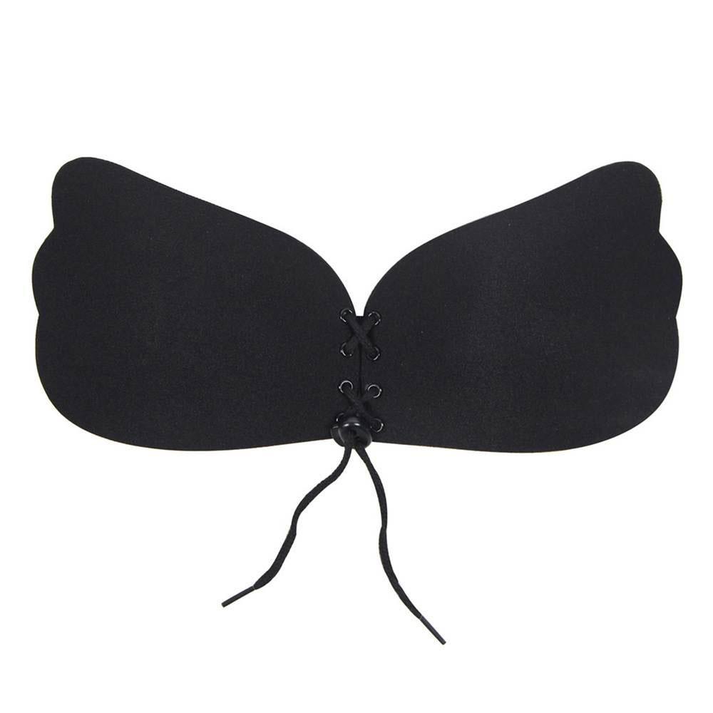 Black Stick On Backless Strapless Bra with drawstring adjustment and silicone adhesive for secure fit.