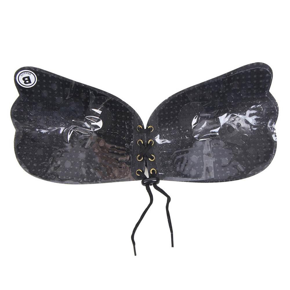 Black Stick On Backless Strapless Bra with drawstring adjustment and silicone adhesive for secure fit.