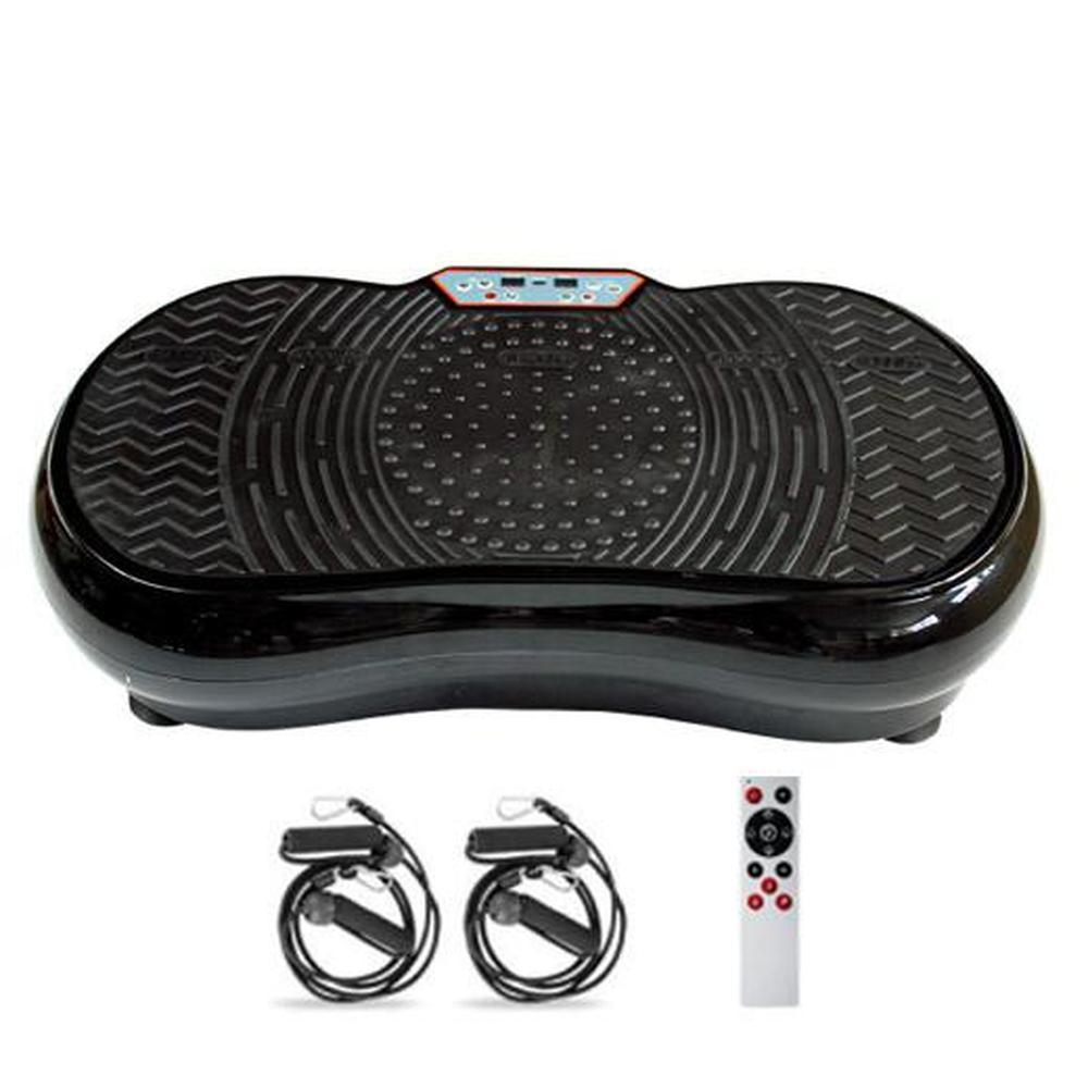 Black Vibration Machine Platform with remote control and resistance bands, designed for effective exercise and fitness.