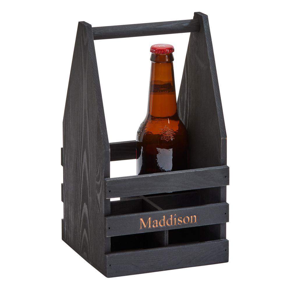 Black wood beverage caddy holding 4 bottles, featuring a sleek design and sturdy handle.