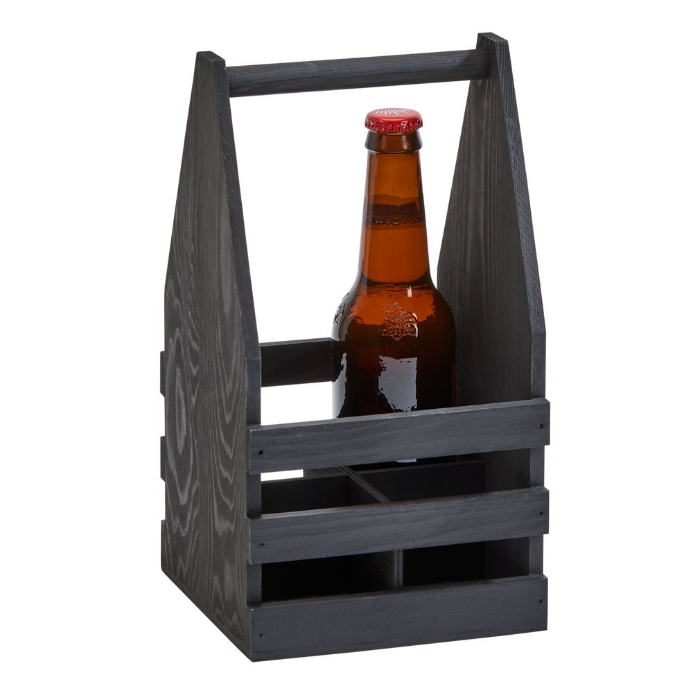 Black wood beverage caddy holding 4 bottles, featuring a sleek design and sturdy handle.