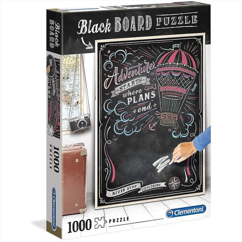 A completed 1000 piece blackboard puzzle featuring a scenic travel theme, showcasing vibrant colors and intricate details.