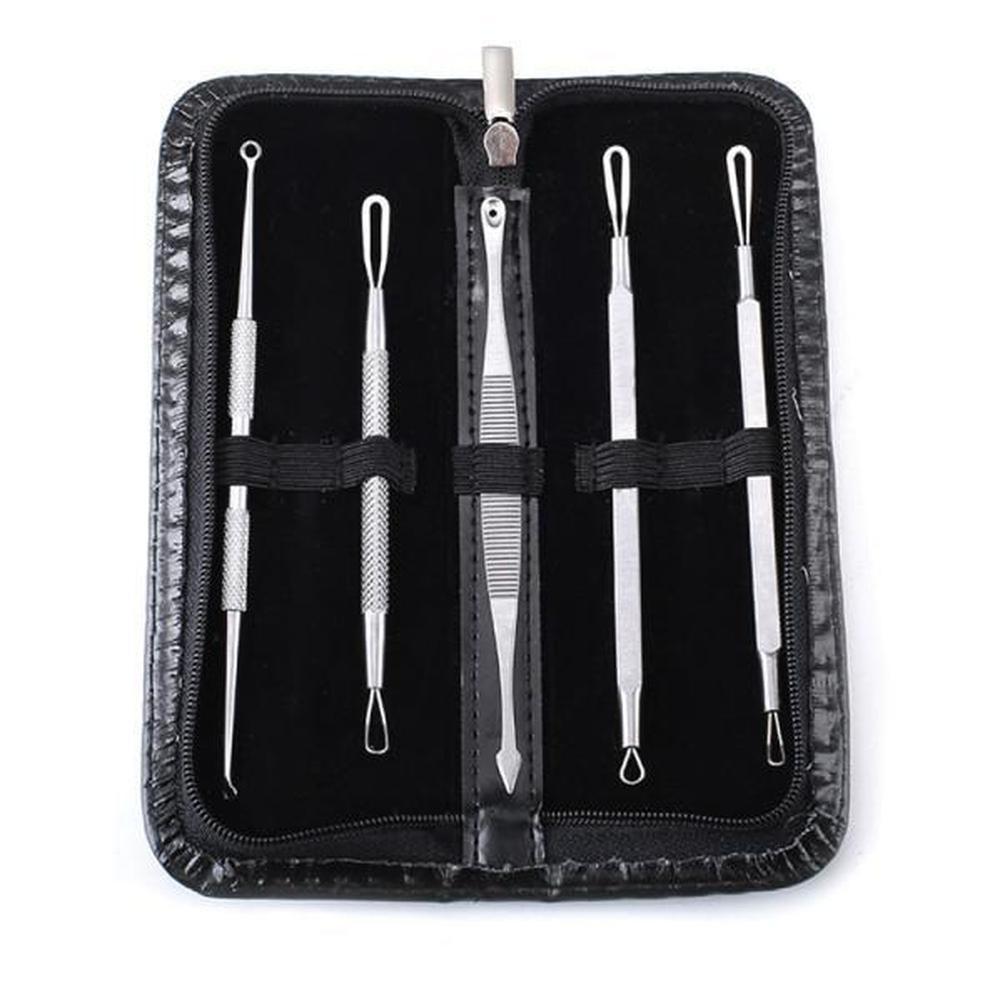 Blackhead Remover 7 Piece Tool Kit displayed in a black leather travel case, featuring stainless steel extractor tools for blemish removal.