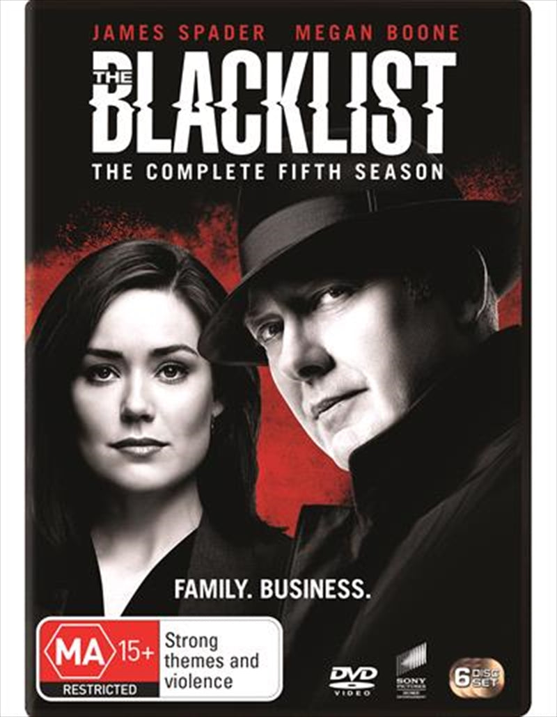 DVD cover of Blacklist Season 5 featuring Raymond Reddington and Elizabeth Keen.