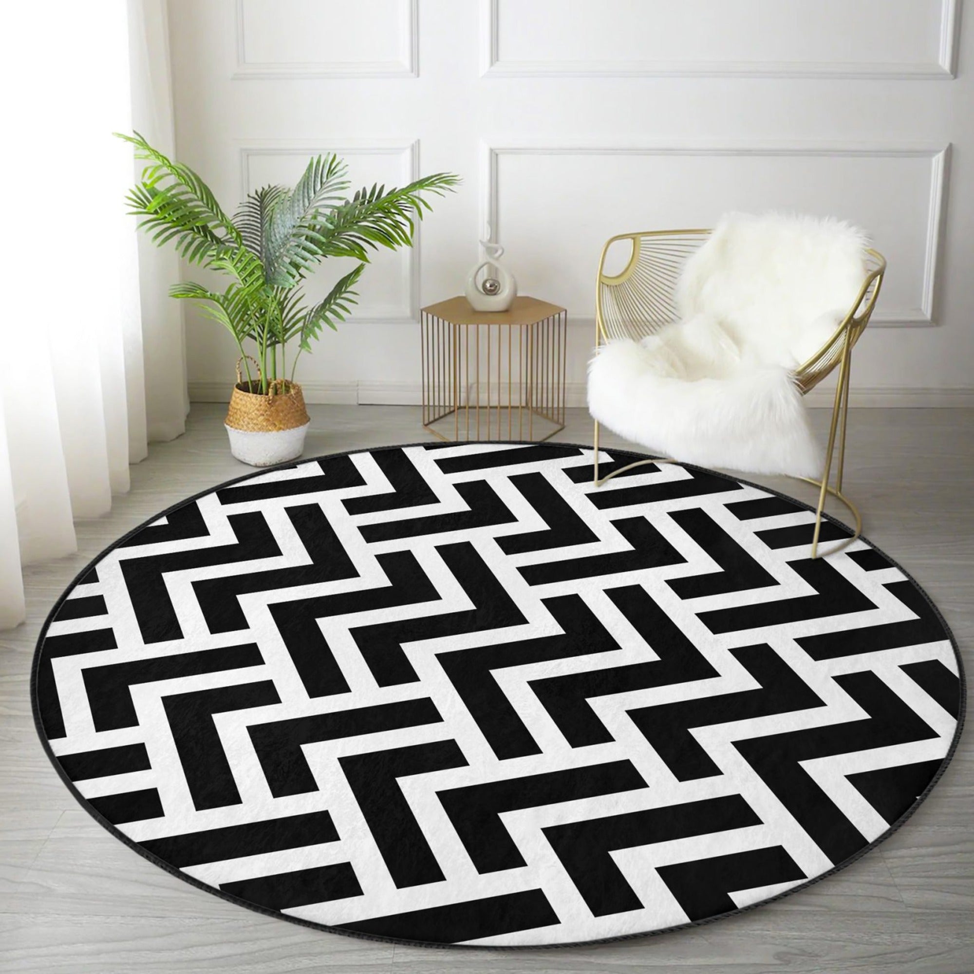 Black-White Decorative Round Rug, featuring a stylish design and soft velvet fabric, perfect for living room décor.