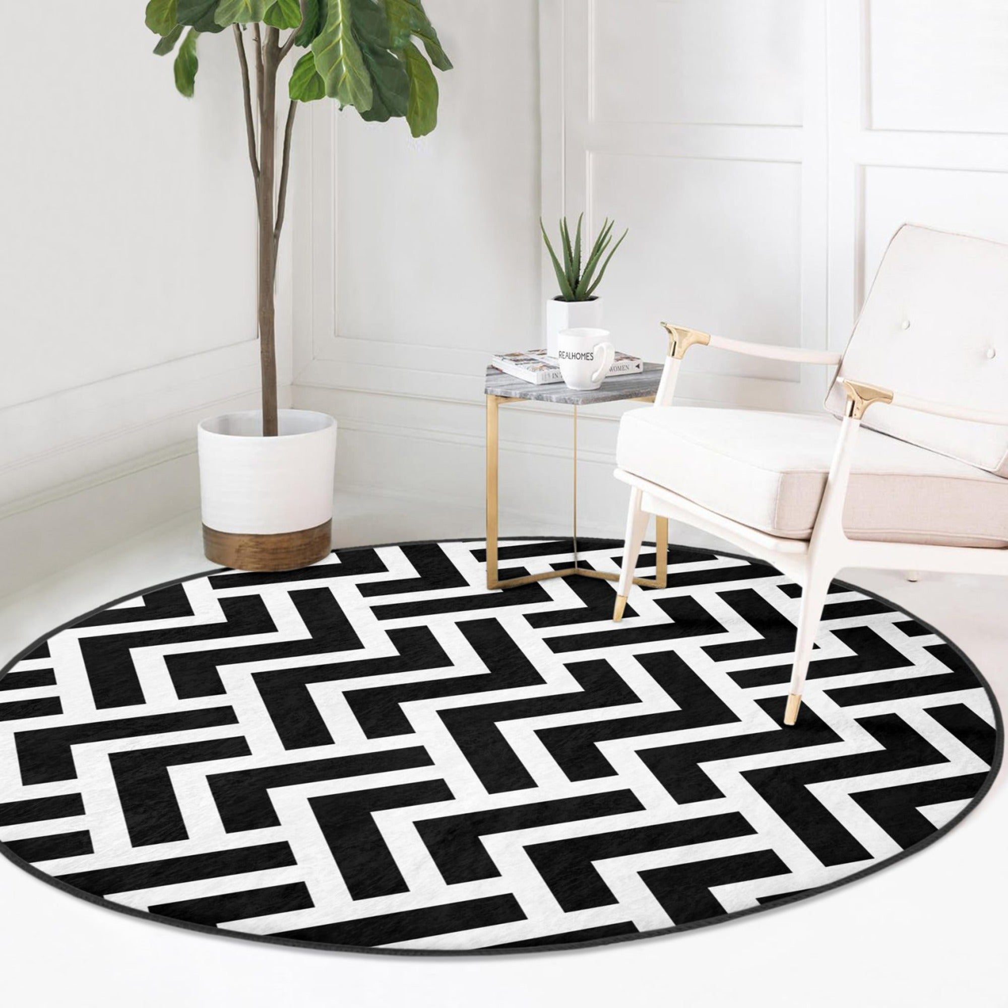 Black-White Decorative Round Rug, featuring a stylish design and soft velvet fabric, perfect for living room décor.