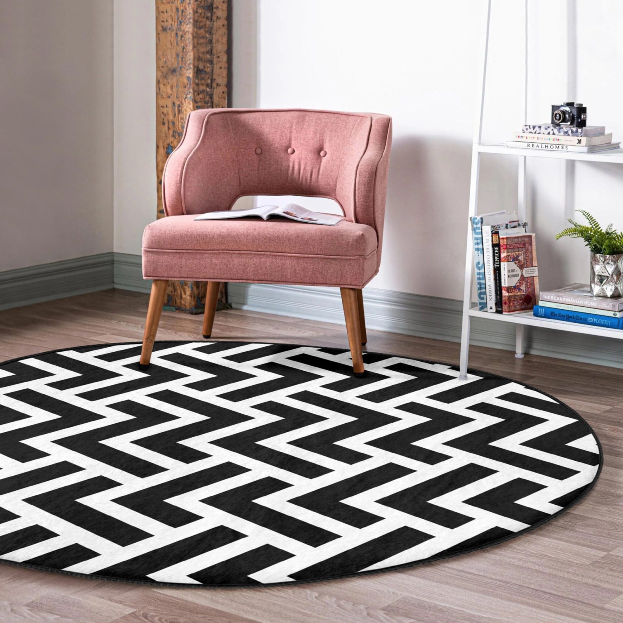 Black-White Decorative Round Rug, featuring a stylish design and soft velvet fabric, perfect for living room décor.