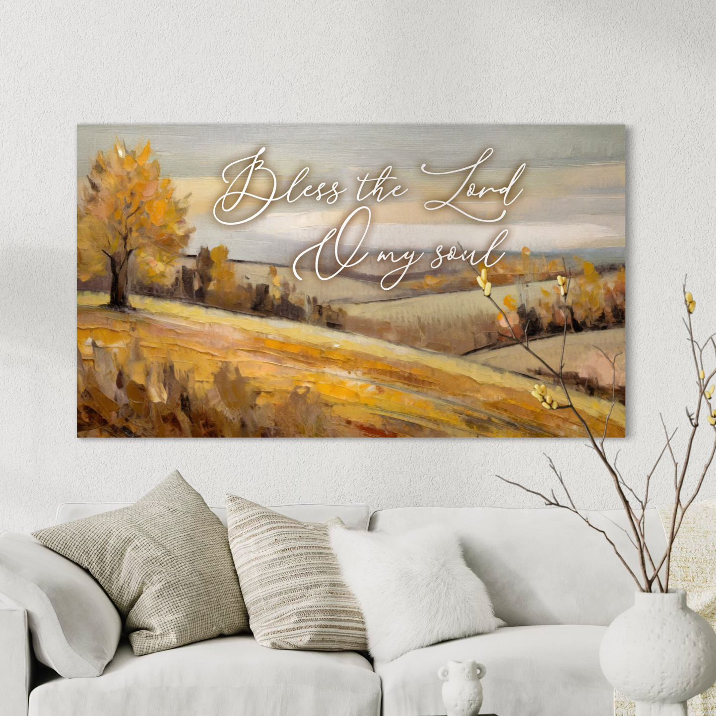 A beautiful canvas print featuring an autumn lake scene with warm golden hues and the scripture from Psalm 42:2, perfect for Christian wall art.