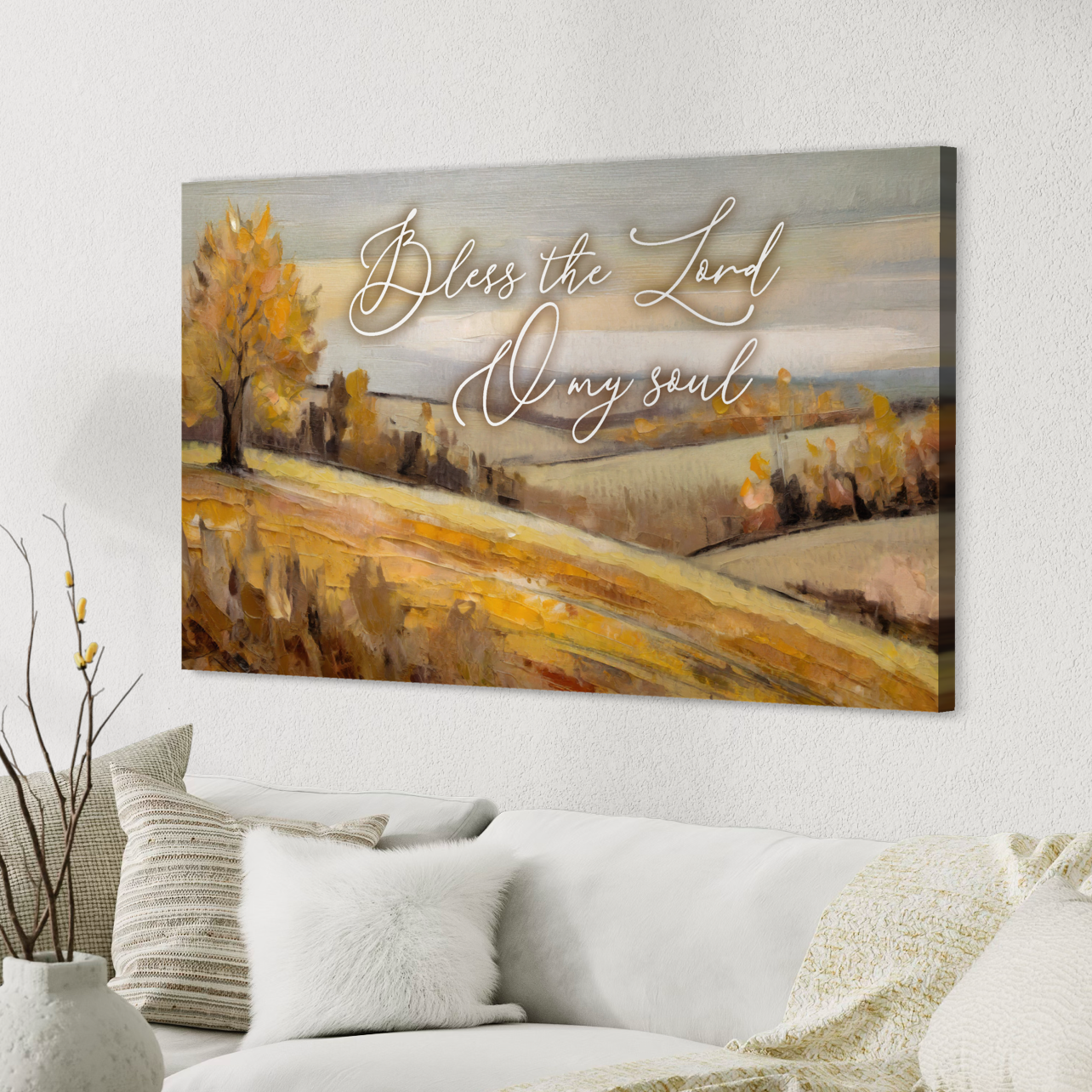 A beautiful canvas print featuring an autumn lake scene with warm golden hues and the scripture from Psalm 42:2, perfect for Christian wall art.