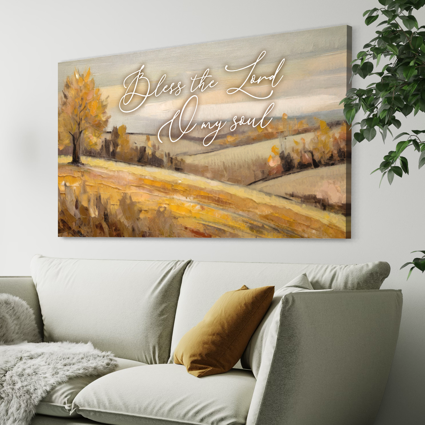 A beautiful canvas print featuring an autumn lake scene with warm golden hues and the scripture from Psalm 42:2, perfect for Christian wall art.