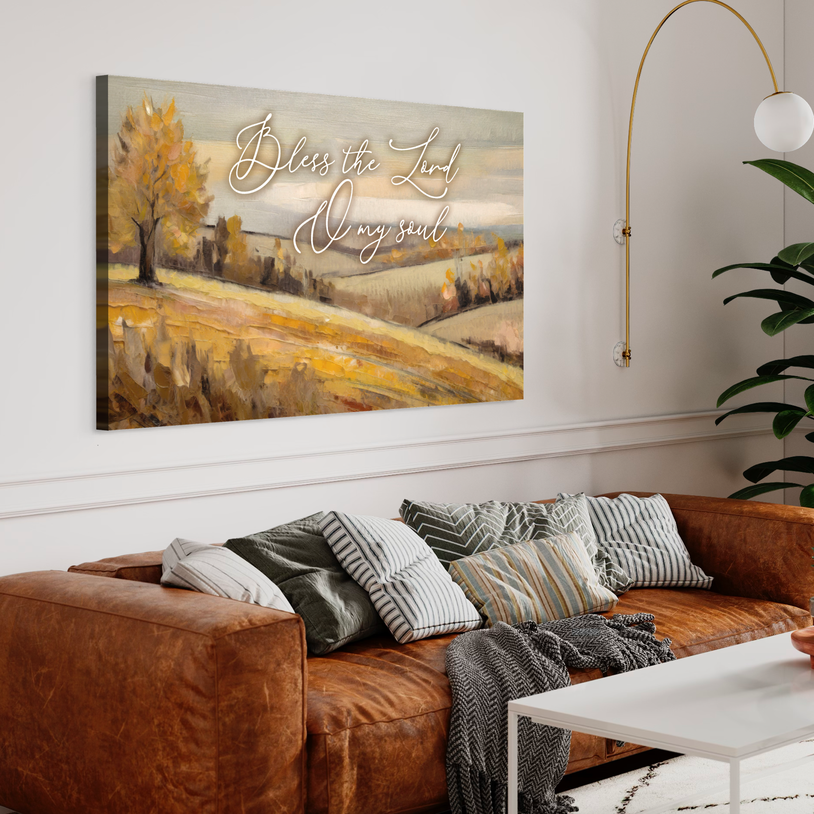 A beautiful canvas print featuring an autumn lake scene with warm golden hues and the scripture from Psalm 42:2, perfect for Christian wall art.