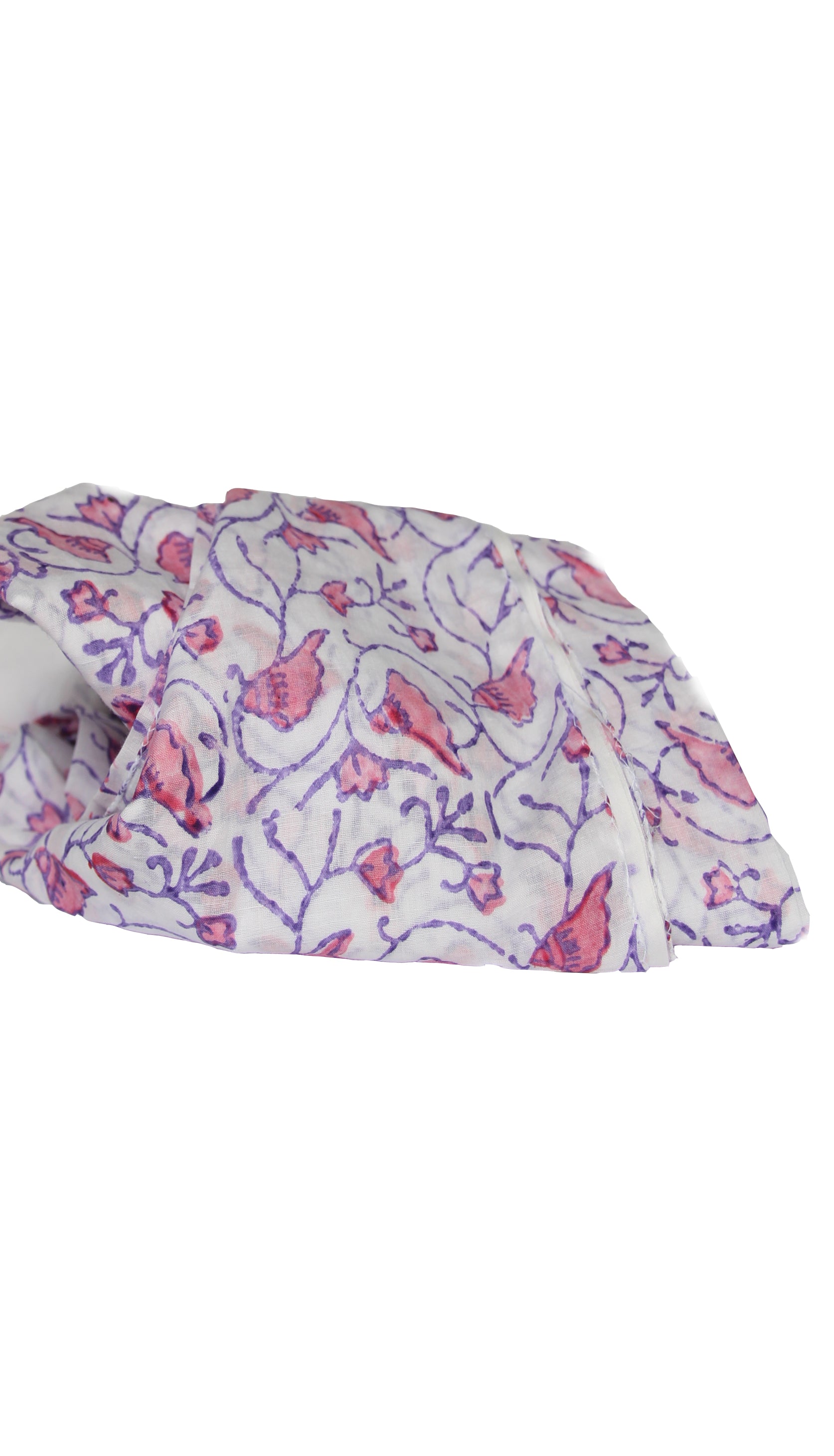 Bright and beautiful block printed paisley fabric in pink and purple, made from soft cotton, showcasing intricate designs.