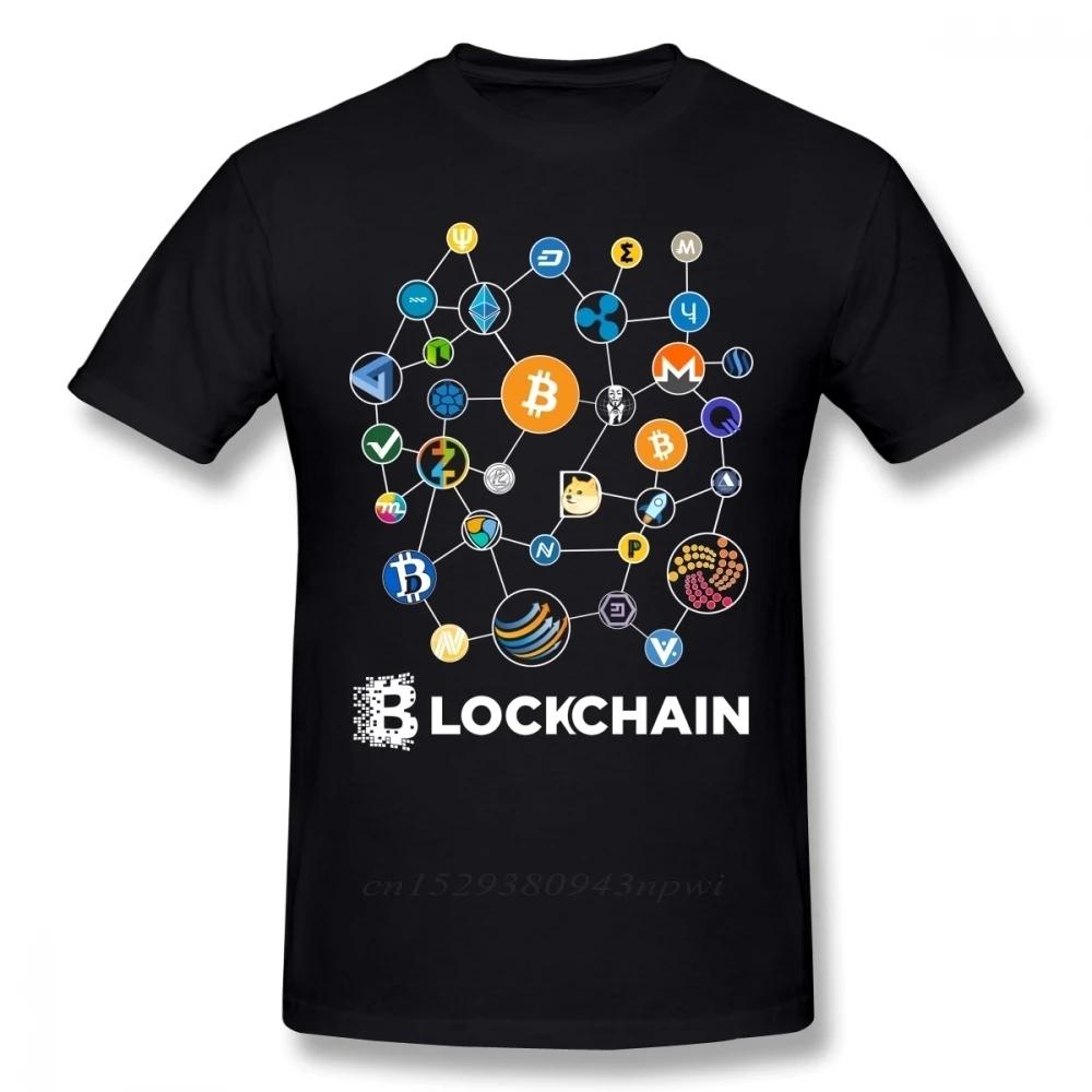 Stylish Blockchain Cryptocurrency T-Shirt featuring Bitcoin, Litecoin, Ripple, and Ethereum designs, perfect for men.