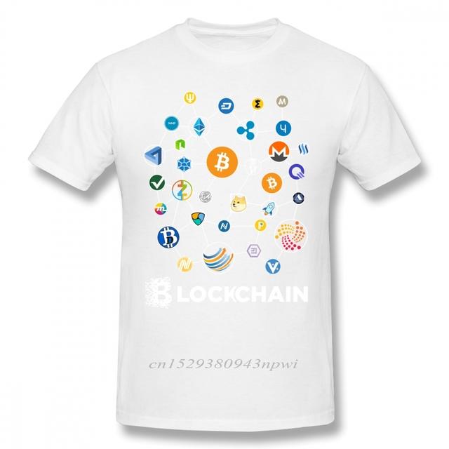 Stylish Blockchain Cryptocurrency T-Shirt featuring Bitcoin, Litecoin, Ripple, and Ethereum designs, perfect for men.