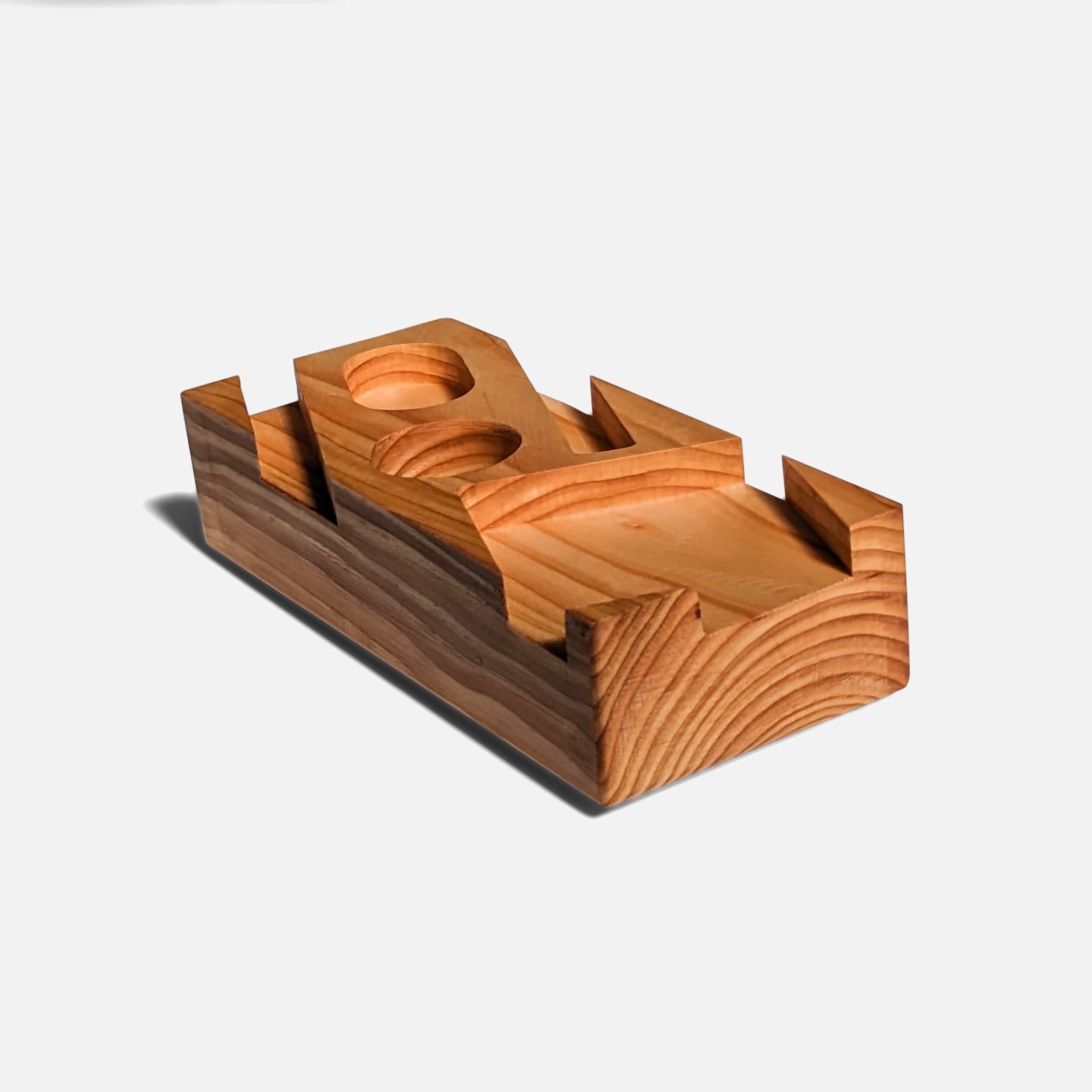 Blocky desk organizer in natural wood finish, showcasing its unique design and functionality for office supplies.