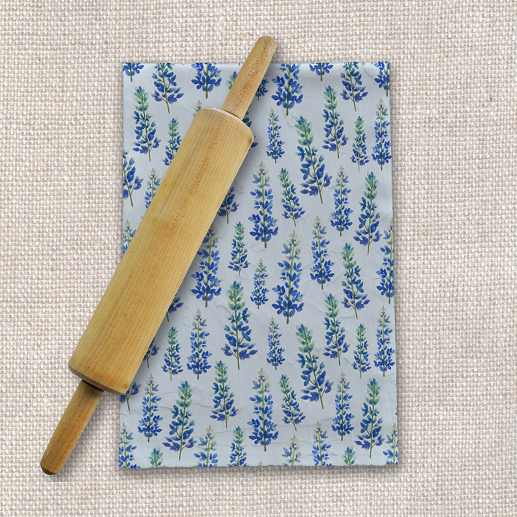 Blue Bonnet Tea Towel made of cotton twill, featuring a charming blue bonnet design, perfect for kitchen decor and practical use.