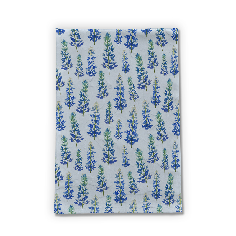 Blue Bonnet Tea Towel made of cotton twill, featuring a charming blue bonnet design, perfect for kitchen decor and practical use.