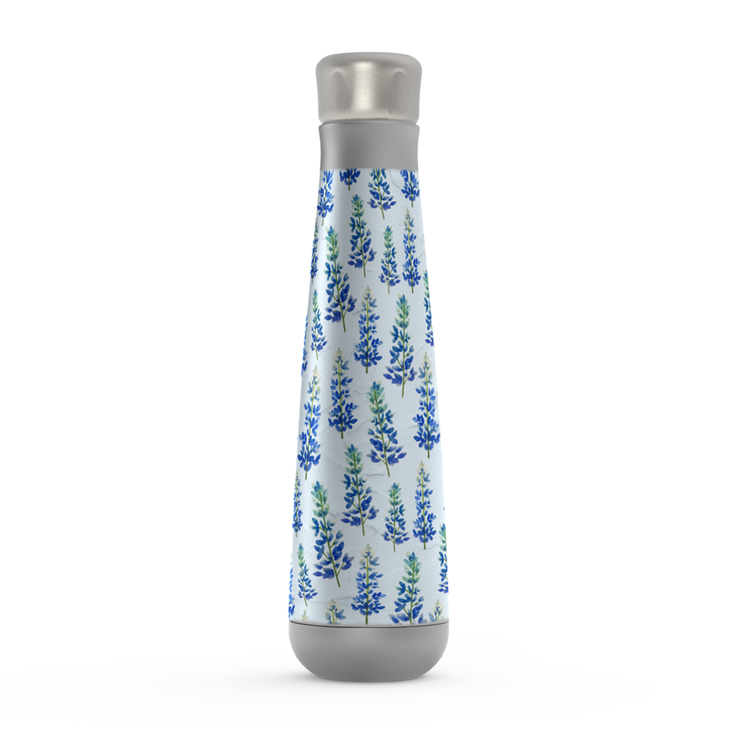 Blue Bonnet Water Bottle made of stainless steel, featuring a sleek design and vacuum insulation for temperature retention.