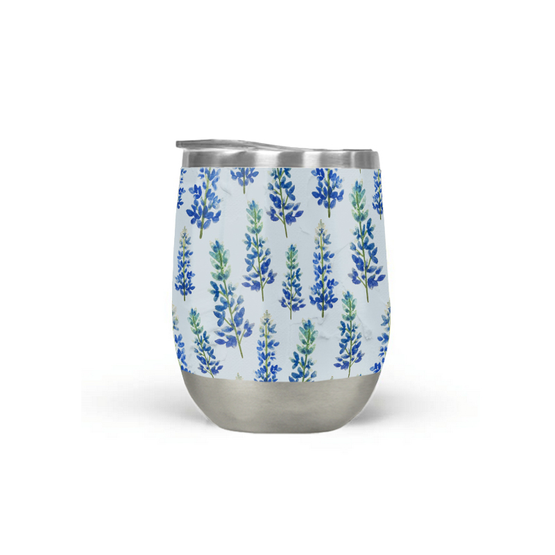 Blue Bonnet Wine Tumbler made of stainless steel with a plastic lid, designed for outdoor use.