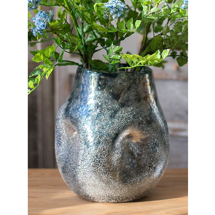 A beautifully handcrafted Blue Bubble Hand Blown Glass Vase showcasing unique bubble patterns and vibrant blue colors.