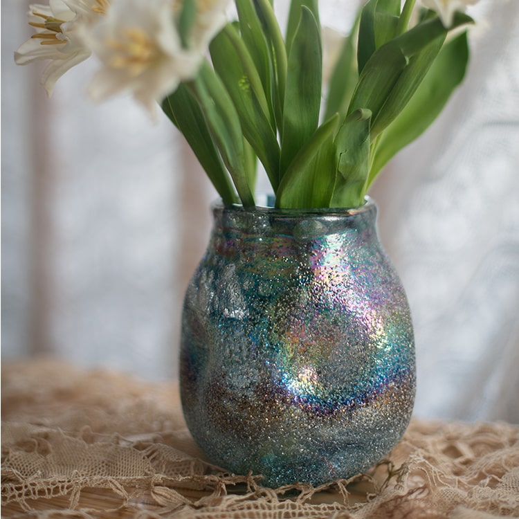 A beautifully handcrafted Blue Bubble Hand Blown Glass Vase showcasing unique bubble patterns and vibrant blue colors.