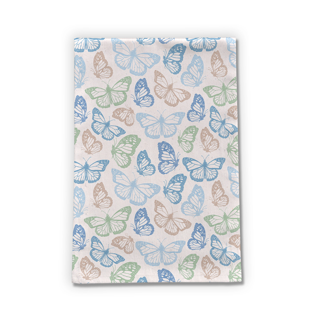 A vibrant blue butterfly tea towel made of cotton twill, featuring a charming butterfly design on a white background, perfect for kitchen decor.