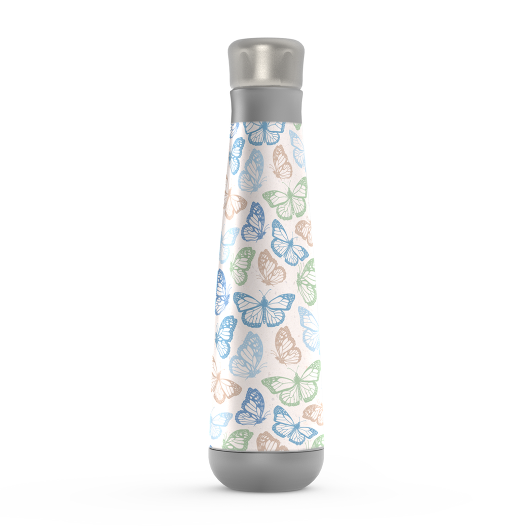 A stylish Blue Butterfly Water Bottle made of stainless steel, featuring a beautiful butterfly design, perfect for gym and outdoor use.