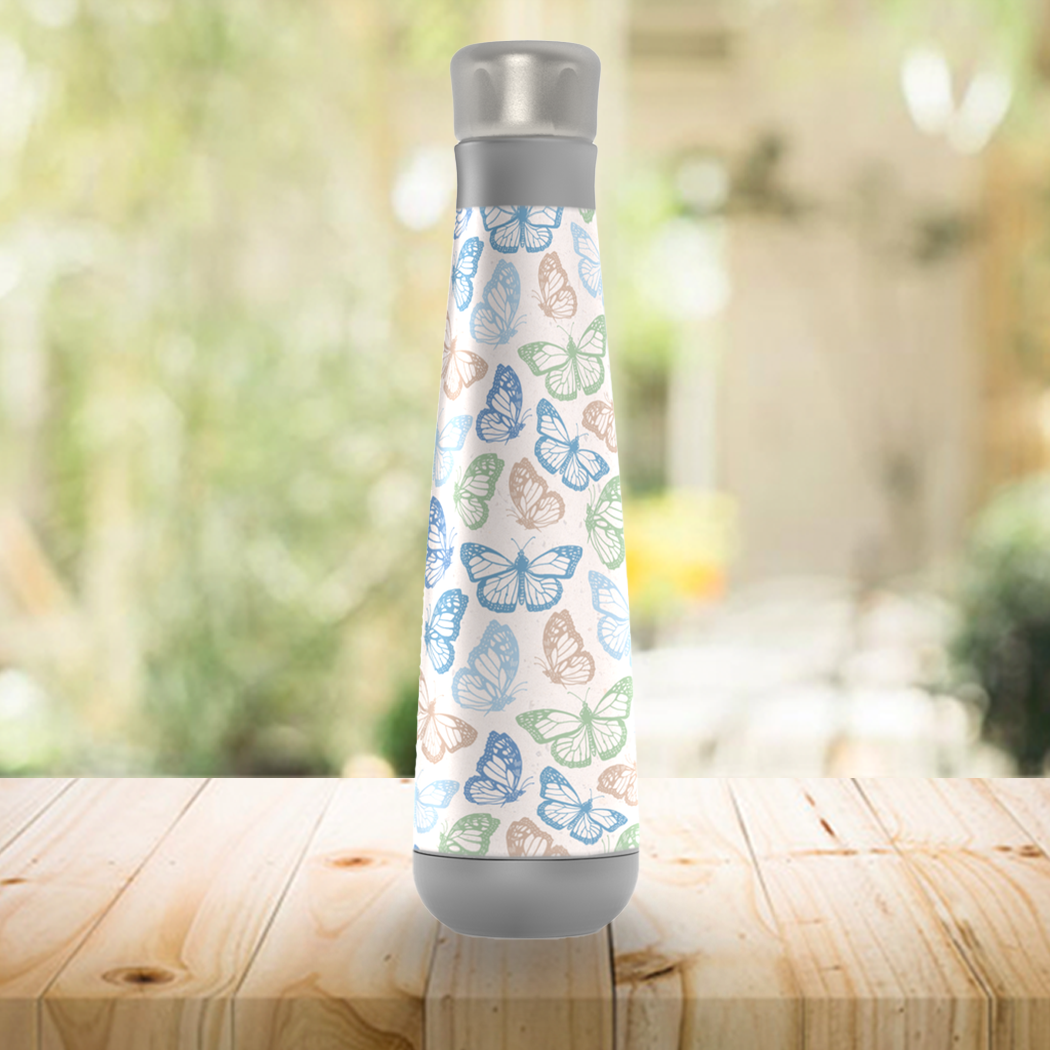 A stylish Blue Butterfly Water Bottle made of stainless steel, featuring a beautiful butterfly design, perfect for gym and outdoor use.