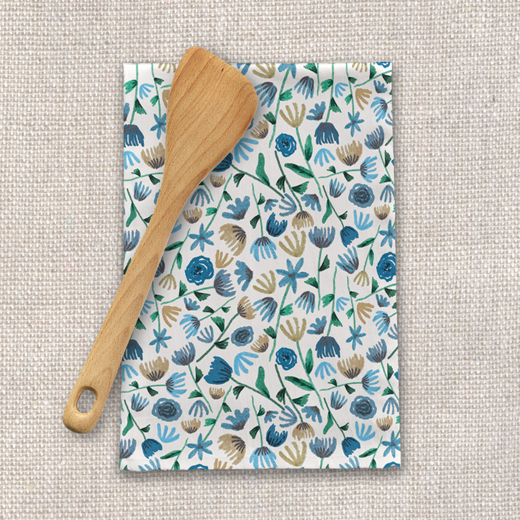 Blue Ink Floral Tea Towel featuring a vibrant floral design on durable cotton twill fabric, perfect for kitchen use.