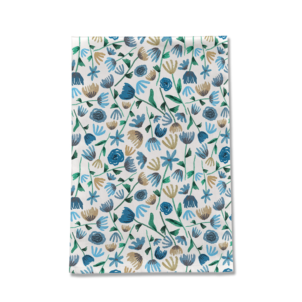 Blue Ink Floral Tea Towel featuring a vibrant floral design on durable cotton twill fabric, perfect for kitchen use.