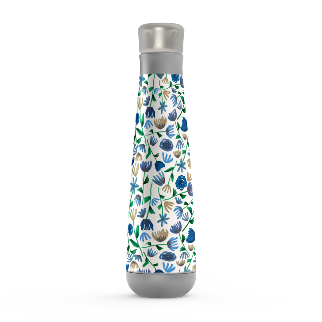 Blue Ink Floral Water Bottle made of stainless steel with a floral design, featuring a screw-on lid and vacuum insulation.