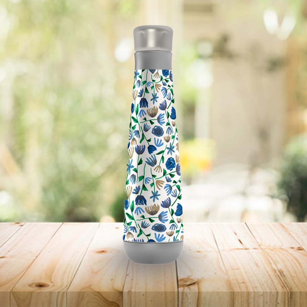 Blue Ink Floral Water Bottle made of stainless steel with a floral design, featuring a screw-on lid and vacuum insulation.