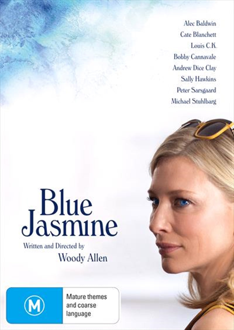 Blue Jasmine DVD cover featuring Cate Blanchett in a dramatic pose, showcasing the film's emotional depth.