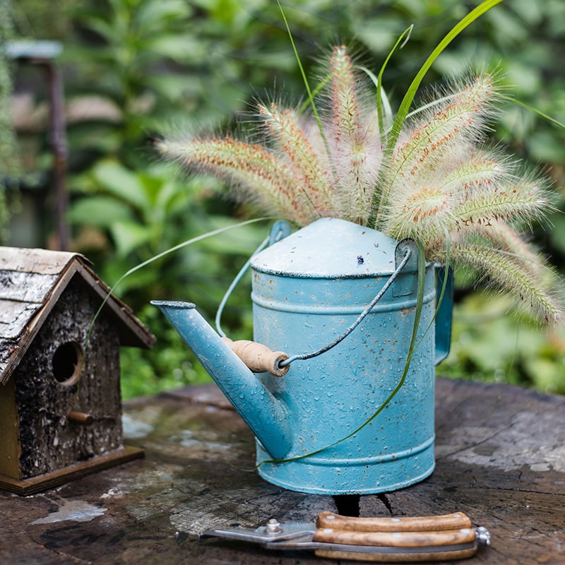 A vibrant turquoise blue rustic watering can made of metal and wood, featuring a charming design suitable for indoor and outdoor use.