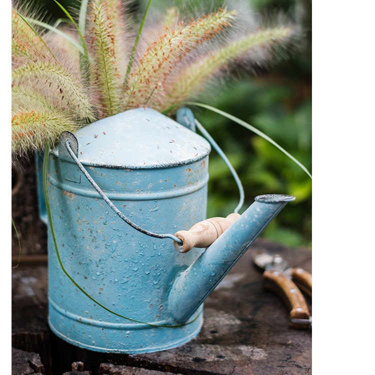 A vibrant turquoise blue rustic watering can made of metal and wood, featuring a charming design suitable for indoor and outdoor use.