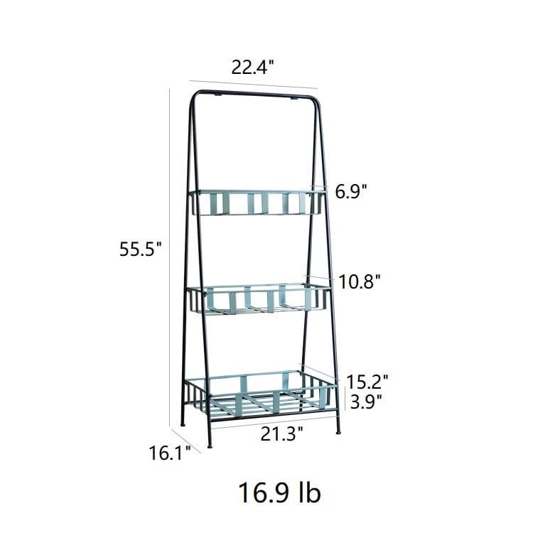 A rustic blue metal shelf with three tiered baskets, showcasing a vintage design perfect for home decor.