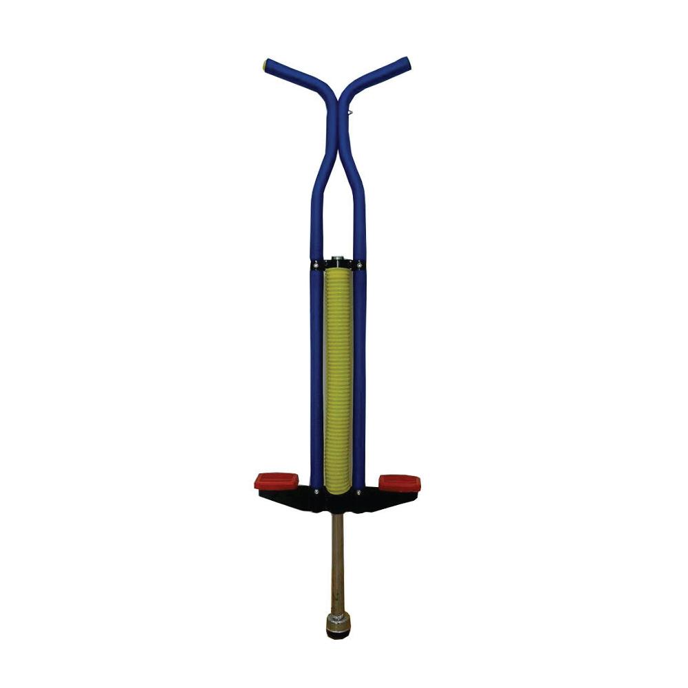 A vibrant blue pogo stick designed for kids, featuring a durable metal frame, anti-slip handlebar, and pedals for safe jumping.