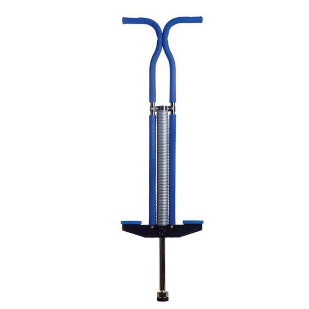 A vibrant blue pogo stick designed for kids, featuring a durable metal frame, anti-slip handlebar, and pedals for safe jumping.