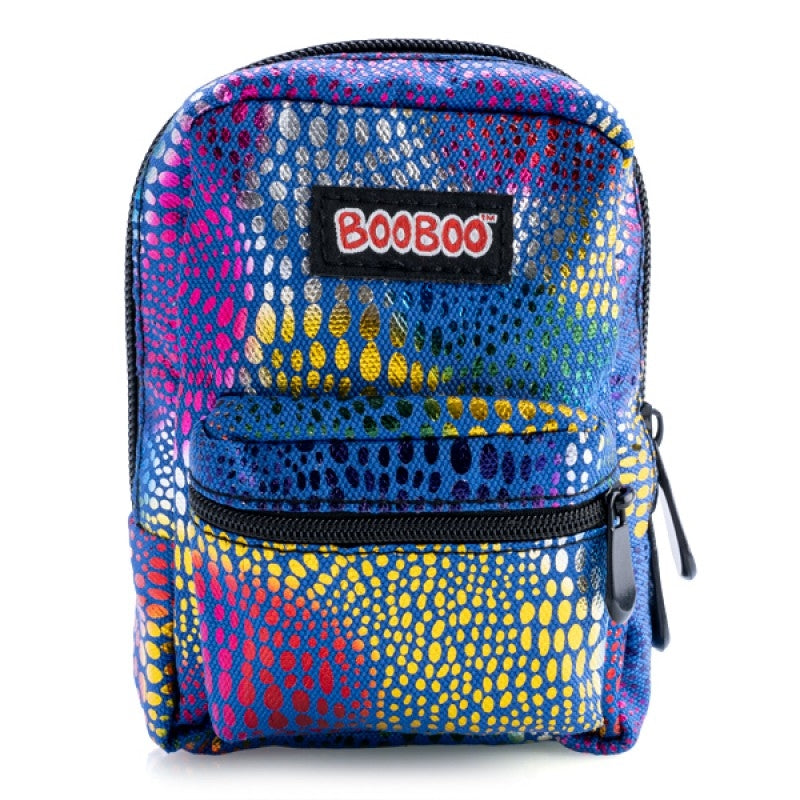 Blue Rainbow Foil BooBoo Mini Backpack with denim blue and rainbow foil pattern, featuring elastic straps and a sturdy carabiner clip.