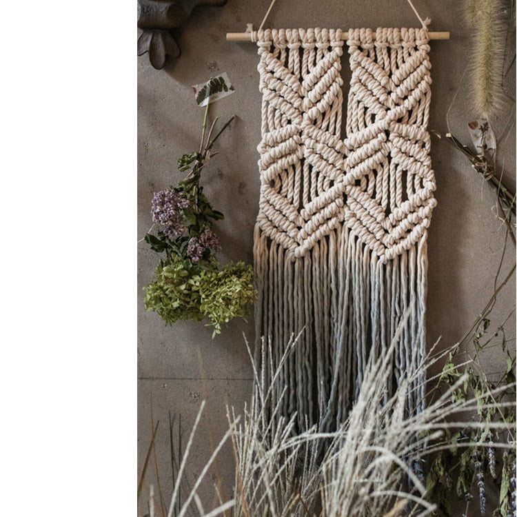 Handmade Blue Tassel Tapestry featuring cotton rope and wooden stick, showcasing a blend of blue, beige, and white colors.