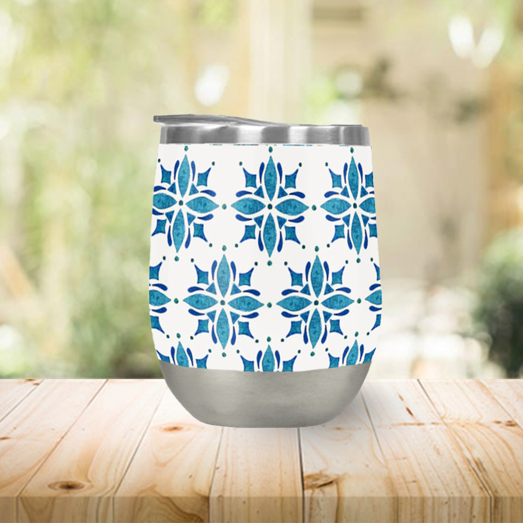 Blue Tile Wine Tumbler made of stainless steel with a stylish design, featuring a double-wall vacuum insulation for temperature control.