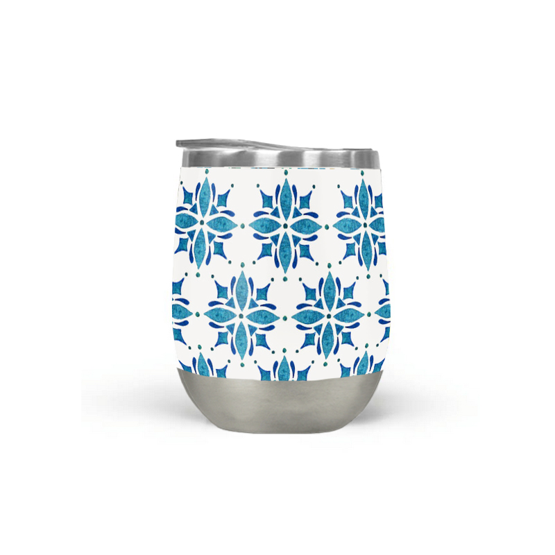 Blue Tile Wine Tumbler made of stainless steel with a stylish design, featuring a double-wall vacuum insulation for temperature control.