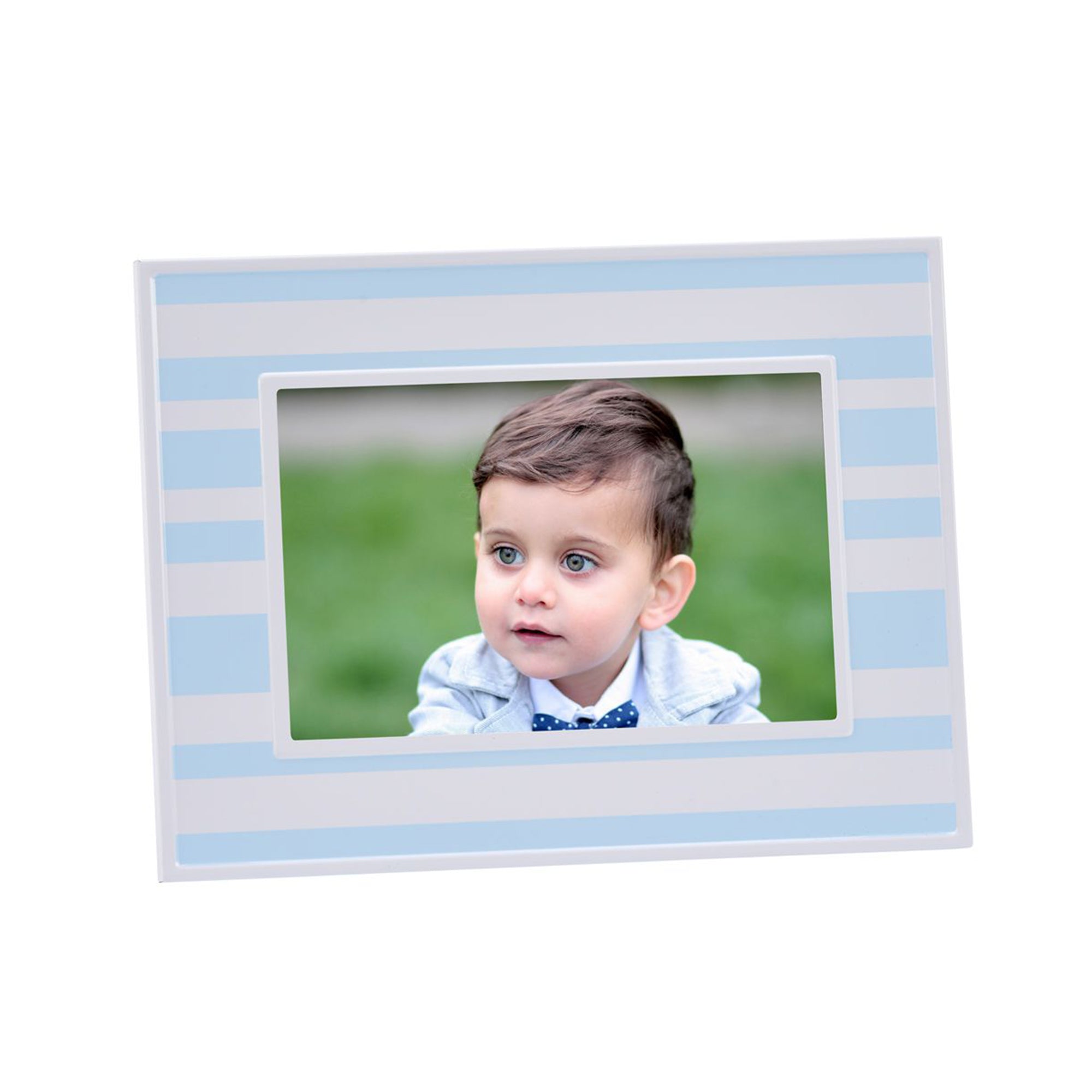 Blue and white striped photo frame for 4" x 6" photos, suitable for vertical or horizontal display.