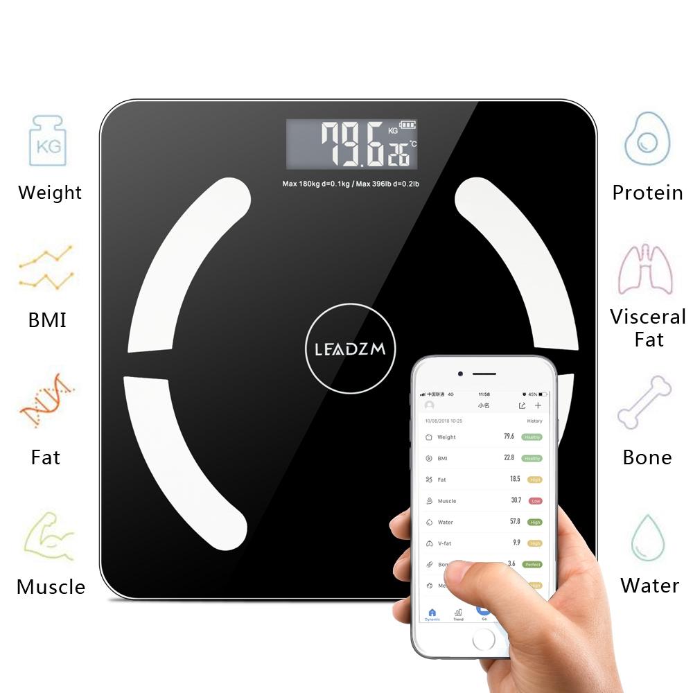 Bluetooth Bathroom Scales with a sleek tempered glass surface, displaying weight and body composition metrics.