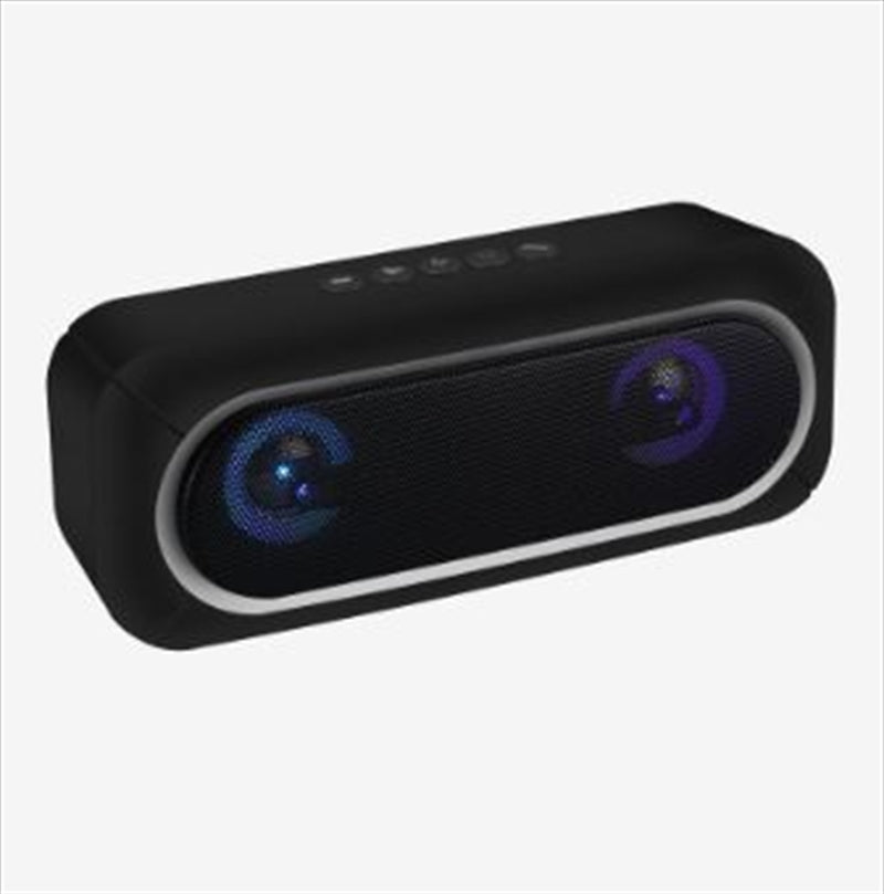 Bluetooth Speaker W LED in black color with vibrant LED lights, showcasing its sleek design and portability.