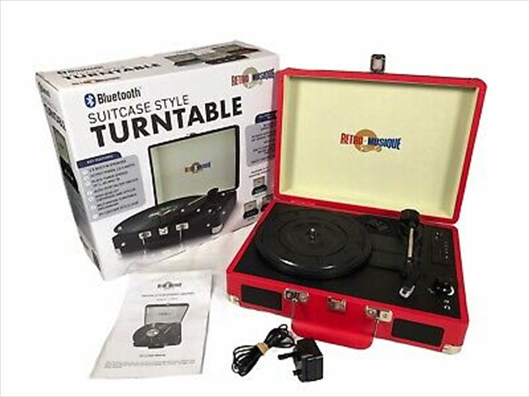 Red Bluetooth Suitcase Style Record Player with vintage design and modern features.